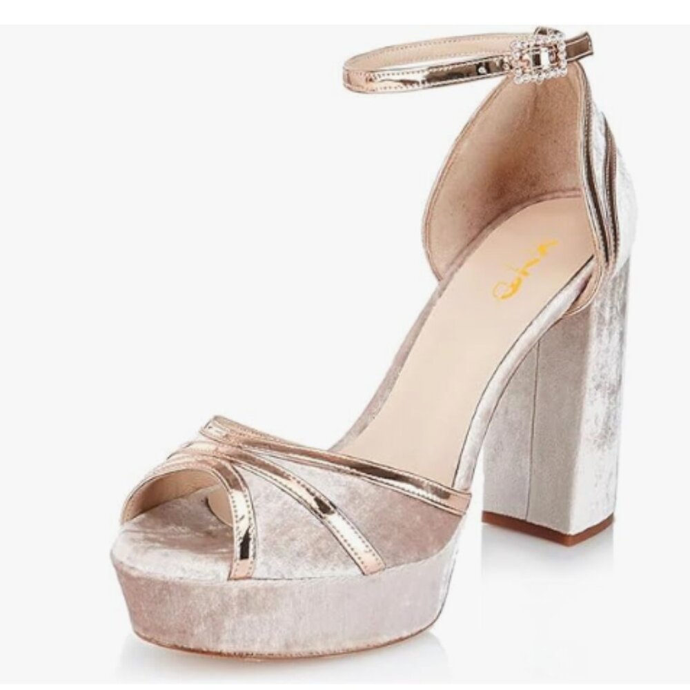 XYD Pink Plated Block Heel Peep Toe Velvet Ankle Strap Platform Buckle Sandals